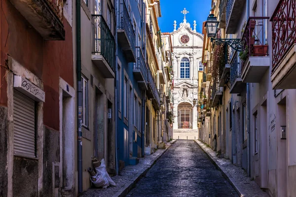 Hermosas Calles Estrechas Casas Tiendas Casco Antiguo Histórico Alfama Mediterráneo —  Fotos de Stock