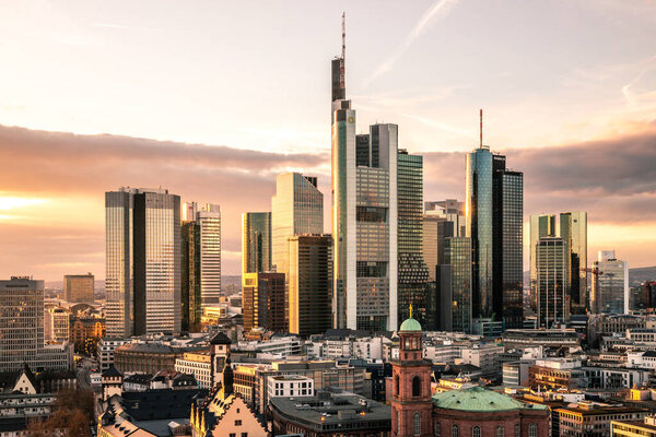 The Main with the Frankfurt skyline in the evening, at sunset. Nice overview of the city and its surroundings. in a special shade