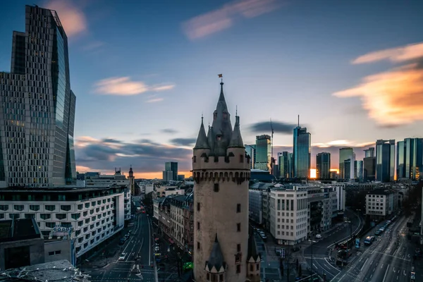 stock image Frankfuert is the only skyline in Germany. backlit photography for sunset with a great sky and lighting in the houses. High-rise buildings, city recording and finance