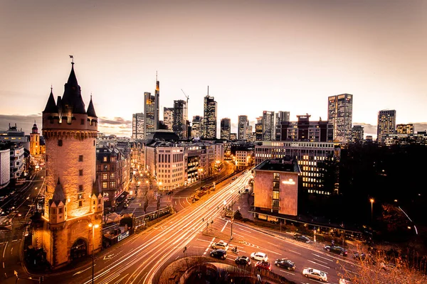 Frankfuert Enige Skyline Duitsland Achtergrondverlichte Fotografie Voor Zonsondergang Met Een — Stockfoto