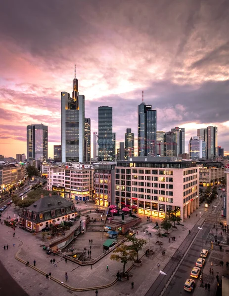 Головна Франкфуртським Небосхилом Ввечері Заході Сонця Хороший Огляд Міста Його — стокове фото