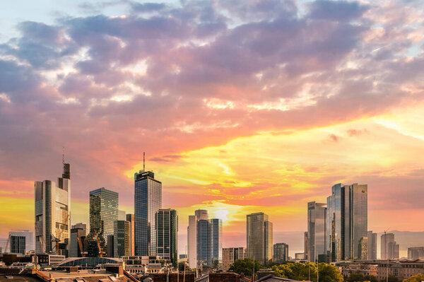 Frankfurt prospects. Great view over the city of Frankfurt in Germany. In the evening with backlight and sunset. beautiful sky of all colors. Hauptwache, rmer, main