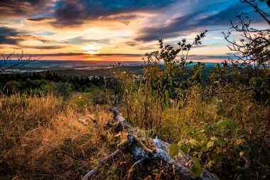 Doğanın ortasında gün batımının güzel manzarası. Bir dağdan alındığında, vahşi doğaya romantik bir bakış açın var. Akşamları gökyüzü özellikle renklidir.