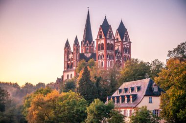 Limburg Almanya 'sındaki katedral. Güneşin doğuşunda heykeli ve nehri olan eski bir köprünün üzerinde güzel bir manzara.