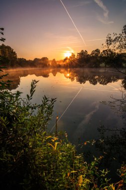 Almanya 'da bir gölün üzerinde gün batımı güzel bir gün doğumu. Sakin sularda ve güzel yeşil doğada bir yansıma.