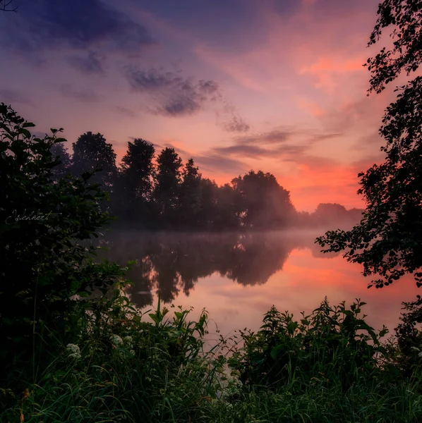Almanya 'da bir gölün üzerinde gün batımı güzel bir gün doğumu. Sakin sularda ve güzel yeşil doğada bir yansıma.