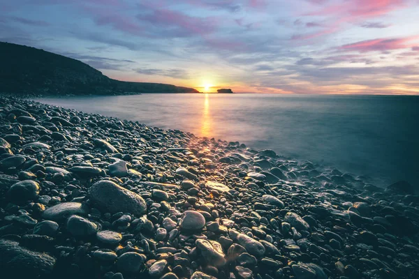 Alba Tramonto Fuerteventura Isole Canarie Sulla Spiaggia Con Sassi Lunga — Foto Stock