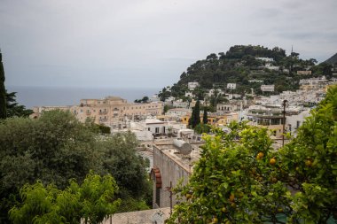 Salerno, Campania, İtalya 'daki Capri adasında eski evler ve denizle güzel bir ada hissi var.