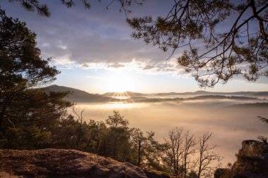 Wachtfelsen 'de Mistik Gün Doğumu, Palatinate Ormanı. Wernersberg, Almanya yakınlarında sis ve bulutların arasında büyüleyici bir manzara.