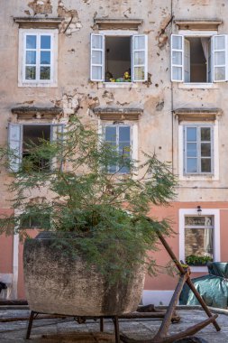 Balkan Savaşı 'ndan kalma kurşun deliklerini gösteren eski bir binanın penceresi. Adriyatik Denizi, Dalmaçya, Hırvatistan 'ın tarihi Zadar kentinde pencere önü veya ev cephesi