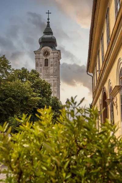 St. Francis Kilisesi ile güzel bir şehir ve sokak fotoğrafı. Gündüzleri tarihi şehir merkezi. Macaristan 'da beş kilise şehrinde yaz havası var.