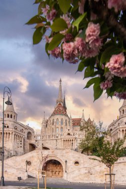 Gündoğumunda eski tarihi kale ve kilise. Alacakaranlıkta şehir panoraması. Tuna Balıkçısının Kalesi, Halszbstya, Budapeşte, Macaristan