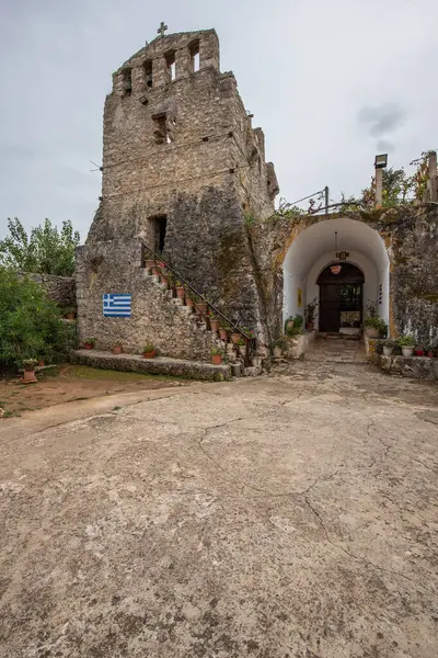 stock image Great typical Greek monastery walls. Ruins in the Mediterranean architectural style of Greece. Sunset on Anafonitria monastery, Ionian Islands, Greece