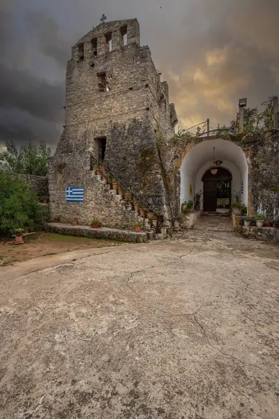 stock image Great typical Greek monastery walls. Ruins in the Mediterranean architectural style of Greece. Sunset on Anafonitria monastery, Ionian Islands, Greece