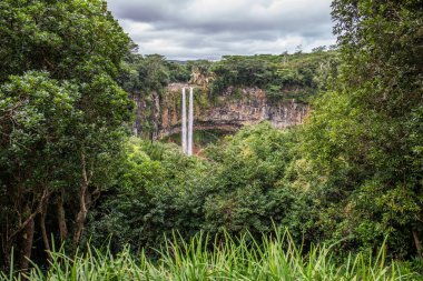 Şelale 80 metre yüksekliğinde ve bir vadiye düşüyor. Mauritius 'taki Black River Ulusal Parkı' ndaki Chamarel çifte şelalesinin tropikal doğa ve manzarası.