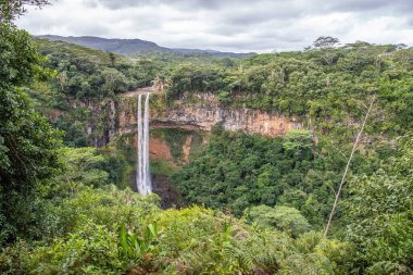Şelale 80 metre yüksekliğinde ve bir vadiye düşüyor. Mauritius 'taki Black River Ulusal Parkı' ndaki Chamarel çifte şelalesinin tropikal doğa ve manzarası.