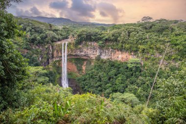 Şelale 80 metre yüksekliğinde ve bir vadiye düşüyor. Mauritius 'taki Black River Ulusal Parkı' ndaki Chamarel çifte şelalesinin tropikal doğa ve manzarası.
