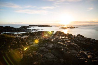 Küçük dalgalar lav kayalarını denizle çevreler. Hint Okyanusu 'ndaki bir adanın kıyı şeridi. Sabah gün doğumu, sahilde güzel sıcak bir ışık... Trou d 'Eau Douce, Mauritius