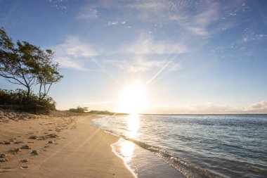 Rüya adasında gün doğumu. Turkuaz suyla parlayan beyaz kumlu sahilde tatil. Hint Okyanusu 'nda bir ada, beklenmedik bir plaj, Trou dEau Douce, Mauritius, Afrika