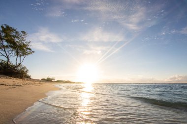 Rüya adasında gün doğumu. Turkuaz suyla parlayan beyaz kumlu sahilde tatil. Hint Okyanusu 'nda bir ada, beklenmedik bir plaj, Trou dEau Douce, Mauritius, Afrika