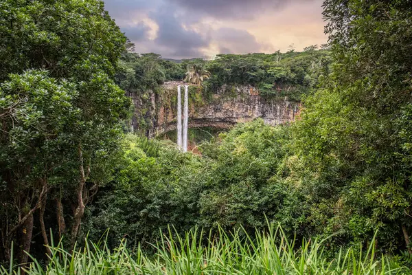 Şelale 80 metre yüksekliğinde ve bir vadiye düşüyor. Mauritius 'taki Black River Ulusal Parkı' ndaki Chamarel çifte şelalesinin tropikal doğa ve manzarası.