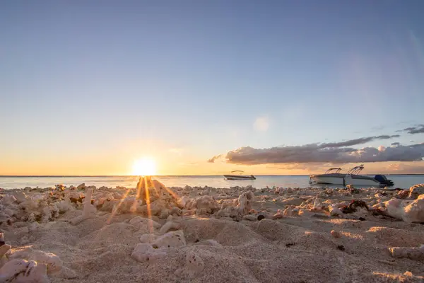 stock image Sunset on a beautiful sandy beach with a view of the Indian Ocean at sunset. Sea and tropical landscape on vacation at Flic en Flac beach, Mauritius, Africa