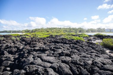 Gündüzleri güzel bir sahil. Lav taşları, beyaz kumlu plajlarla yer değiştiriyor. Hint Okyanusu 'ndaki bir adanın kıyı manzarası, birden bire, Trou dEau Douce, Mauritius, Afrika
