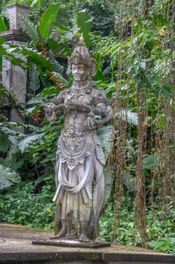 Kralın su tapınağı ya da su sarayı. Tiran Çetesi sitesi Bali, Endonezya 'da tropik manzara, renkli çiçekler ve heykeller bulunabilir.