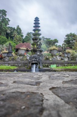 Kralın su tapınağı ya da su sarayı. Tiran Çetesi sitesi Bali, Endonezya 'da tropik manzara, renkli çiçekler ve heykeller bulunabilir.