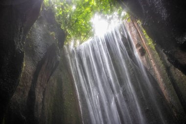 Doğal Tropikal Kanyonda Şelale. Endonezya Bali 'deki güzel gizli nehir ve şelale Tukad Cepung Şelalesi