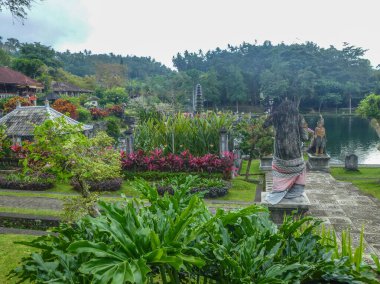 Kralın su tapınağı ya da su sarayı. Tiran Çetesi sitesi Bali, Endonezya 'da tropik manzara, renkli çiçekler ve heykeller bulunabilir.