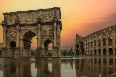 Rainy weather in the morning, sunrise in an old historic city. Beautiful details and historic Roman buildings of the Eternal City, Arco di Costantino, Rome, Italy clipart