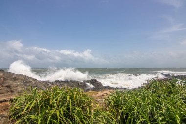 Plaj, lav kayaları ve bitki örtüsüyle akşam vakti deniz manzarası. Indurwa, Bentota Sahili, Sri Lanka, Hindistan, Asya 'da bulutlu manzara