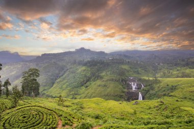 Dağlık bölgelerdeki şelaleler, ormanlar, tarlalar ve çay tarlaları bu bölgeyi resmediyor. Kandy ve Nuwara Eliya, Sri Lanka, Asya arasındaki bulutlu havada çekilen yeşil manzara