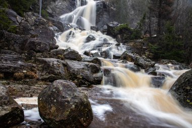 Ormandaki ve doğadaki büyük bir şelalenin manzara görüntüsü. Sonbahar manzarası Elgafossen Vattenfall nehri Vassbotten, İskandinavya 'da İsveç ile Norveç arasında doğal bir sınır oluşturur.