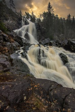 Ormandaki ve doğadaki büyük bir şelalenin manzara görüntüsü. Sonbahar manzarası Elgafossen Vattenfall nehri Vassbotten, İskandinavya 'da İsveç ile Norveç arasında doğal bir sınır oluşturur.