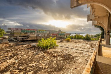 A deserted place, lost place hotel from the 70s. Destroyed and abandoned. Taken in the evening before sunset. Haludovo Palace Hotel, Krk, Croatia clipart