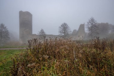 Ruins of a castle. Landscape shot in autumn. Defensive structure in a lake. Misty landscape in the morning at the historical sight in Morbach, Baldenau castle ruins, Rhineland-Palatinate, Germany clipart