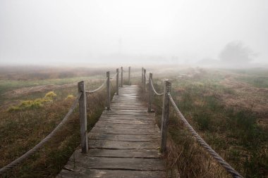 A wooden walkway or pier leads through a nature reserve in thick fog. Landscape shot in the middle of nature in autumn. Baldenau castle ruins, Morbach, Hunsrck, Rhineland Palatinate clipart