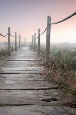 A wooden walkway or pier leads through a nature reserve in thick fog. Landscape shot in the middle of nature in autumn. Baldenau castle ruins, Morbach, Hunsrck, Rhineland Palatinate clipart