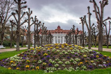 Kışın şehir manzarası. Barok döneminden kalma tarihi binalarla dolu bir şehir manzarası. Şehir manzarası Karlovy Vary, Çek