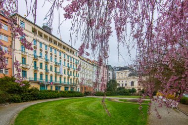 Kışın şehir manzarası. Barok döneminden kalma tarihi binalarla dolu bir şehir manzarası. Şehir manzarası Karlovy Vary, Çek