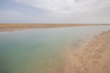 Deniz kenarında sığ bir gölü olan kumlu bir sahil. Akşamları verimsiz manzara çekimleri. Playa de Sotavento de Janda, Fuerteventura, Kanarya Adaları, İspanya