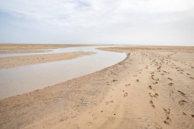 Deniz kenarında sığ bir gölü olan kumlu bir sahil. Akşamları verimsiz manzara çekimleri. Playa de Sotavento de Janda, Fuerteventura, Kanarya Adaları, İspanya