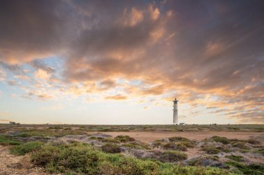 Doğa koruma alanında deniz feneriyle çekilen alacakaranlık manzarası. Gün batımında deniz manzarası. Hafif bir Kalima sırasında deniz feneri, Morro Jable 'da kum fırtınası, Fuerteventura, Kanarya Adaları, İspanya