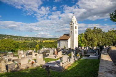 Gündüz vakti mezarlığı olan üzüm bağlarındaki beyaz kilise. Hvz 'deki Aziz Magdalene Kilisesi, Balaton Gölü, Macaristan