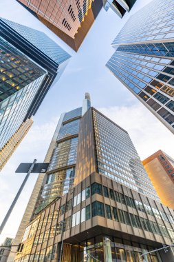 Sabahleyin ufuk çizgisinin ortasına bak. Yüksek binalar ve gündoğumunda modern cam cepheler. Şehrin ve çevresinin manzarası çok güzel. Özel bir renkle, Frankfurt am Main, Hesse