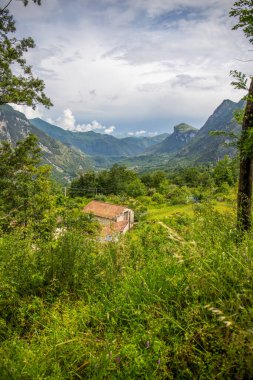 Kıyı manzarası fotoğrafı. Deniz boyunca uzanan ve çarpıcı yeşil Akdeniz manzarası boyunca uzanan bir yoldan manzara. Salerno, İtalya kıyıları