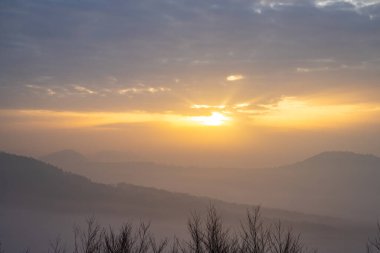 Ormanın ortasındaki kumtaşından bir uçurumun manzarası. Bir vadide sisle kaplanmış bir ormanın üzerinde muhteşem bir manzara. Almanya 'nın Derebeyi Ormanı' nda Gün Doğumu.