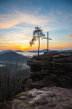 Zirve, ormanın ortasında bir kumtaşı kayası üzerinde kesişiyor. Sis kaplı bir ormanın üzerindeki muhteşem manzaralı manzara. Almanya 'nın Derebeyi Ormanı' nda Gün Doğumu
